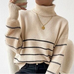 Knit Striped Cream Turtleneck Sweater